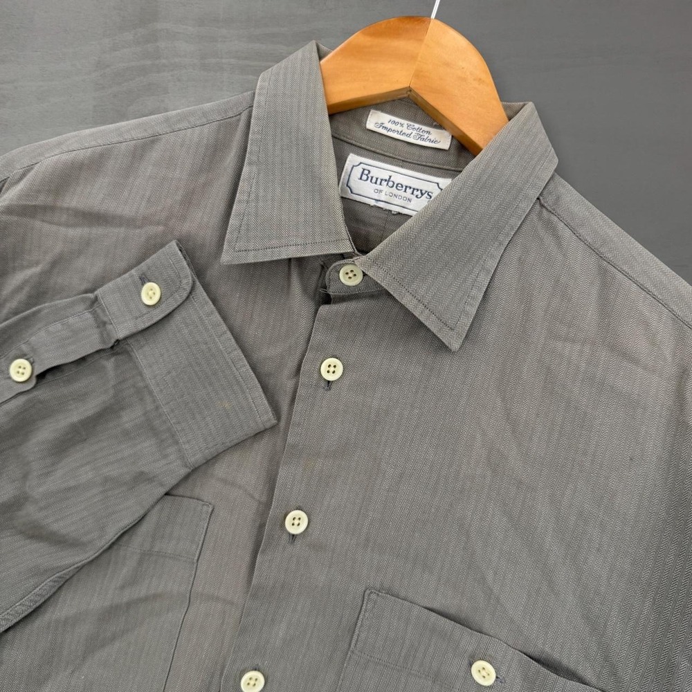 Vintage Burberrys Button Down Shirt Grey Herringbone Cotton Long Sleeve XL
